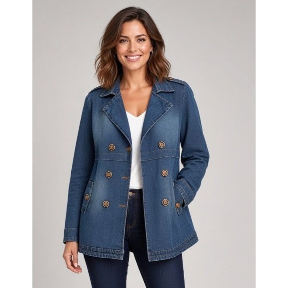 Boutique Blue Denim Double Breasted Pea Coat Jacket Large Faded Wash Trench